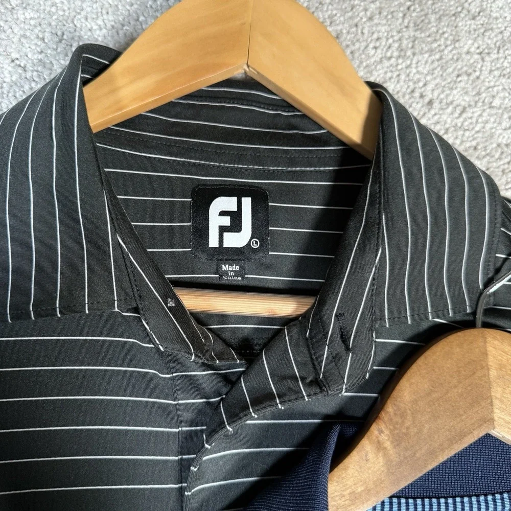 FootJoy Golf Polo Men's Large Striped Performance Shirts‎ Black & Blue Logos
